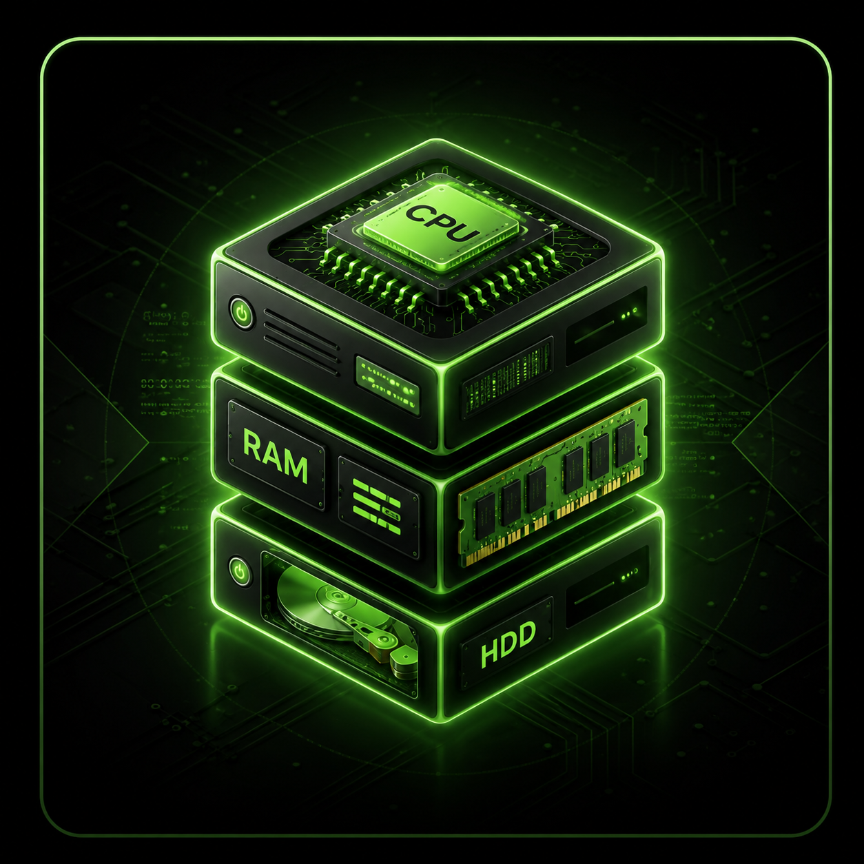 Servidor VPS con CPU RAM y almacenamiento